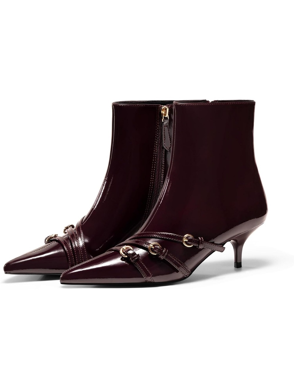 Coutgo Women’s Patent Leather Pointed-Toe Kitten Heel Ankle Boots - Burgundy
